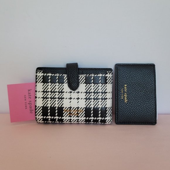 KATE SPADE Hudson SMALL Posh Plaid Embossed Pebbled Leather Bifold Wallet-Black⭐ - Picture 6 of 15